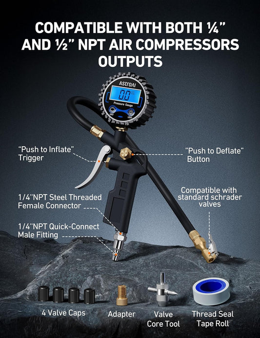 AstroAI Digital Tire Pressure Gauge with Inflator, 3-250 PSI Air Chuck & Compressor Accessories Heavy Duty with Quick Connect Coupler, 0.1 Display