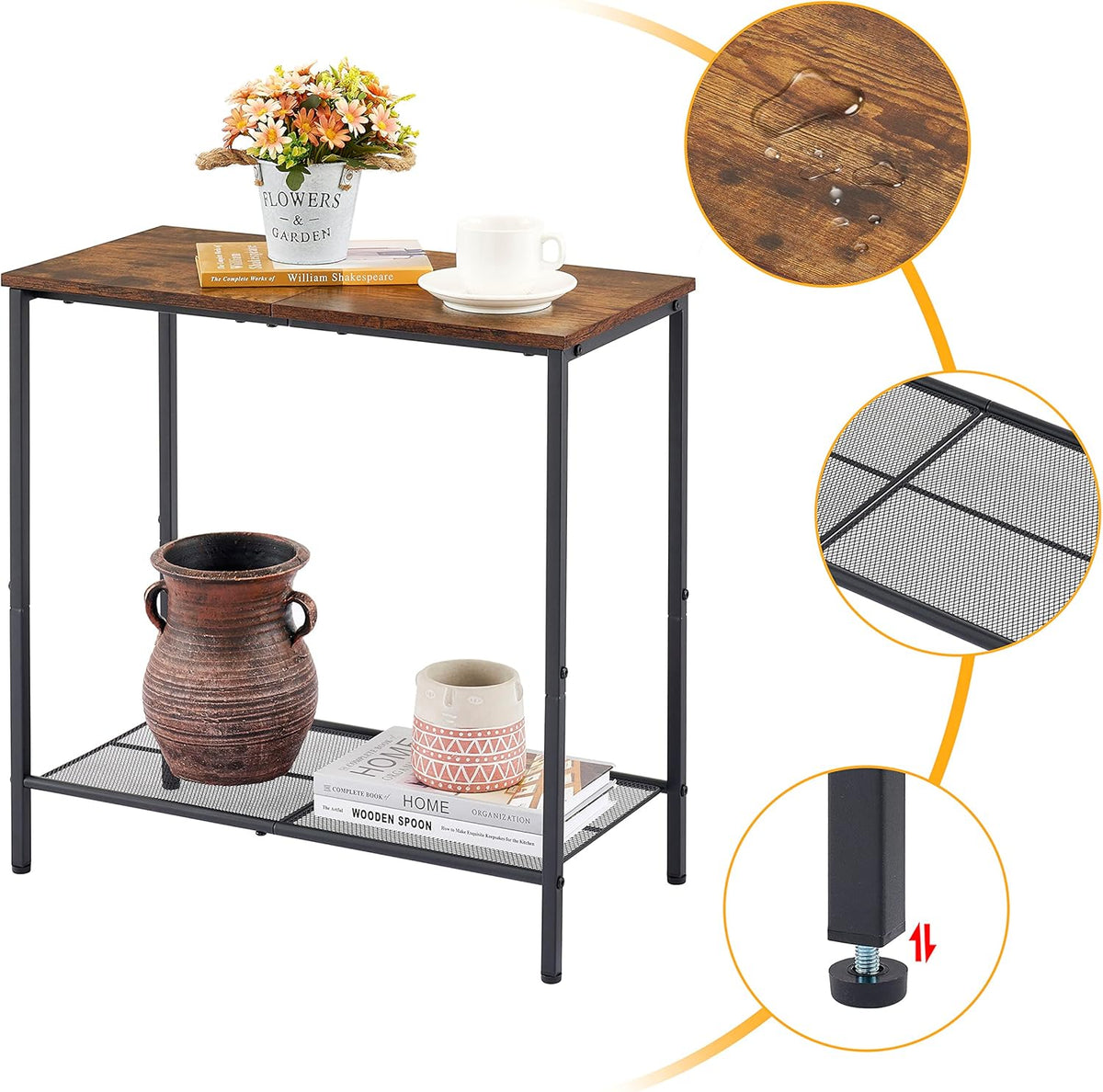 Hoctieon 2 Tier End Table, Sofa Side Table, Narrow Side Table with Storage, Slim Nightstand for Small Spaces, Metal Frame, for Living Room, Bedroom