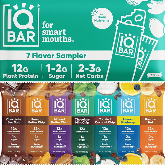 IQBAR Brain and Body Plant Protein Bars - 7 Bar Sampler Variety Pack - Keto, Vegan, Low Carb, High Fiber, Gluten Free, Dairy Free, Low Sugar Snack