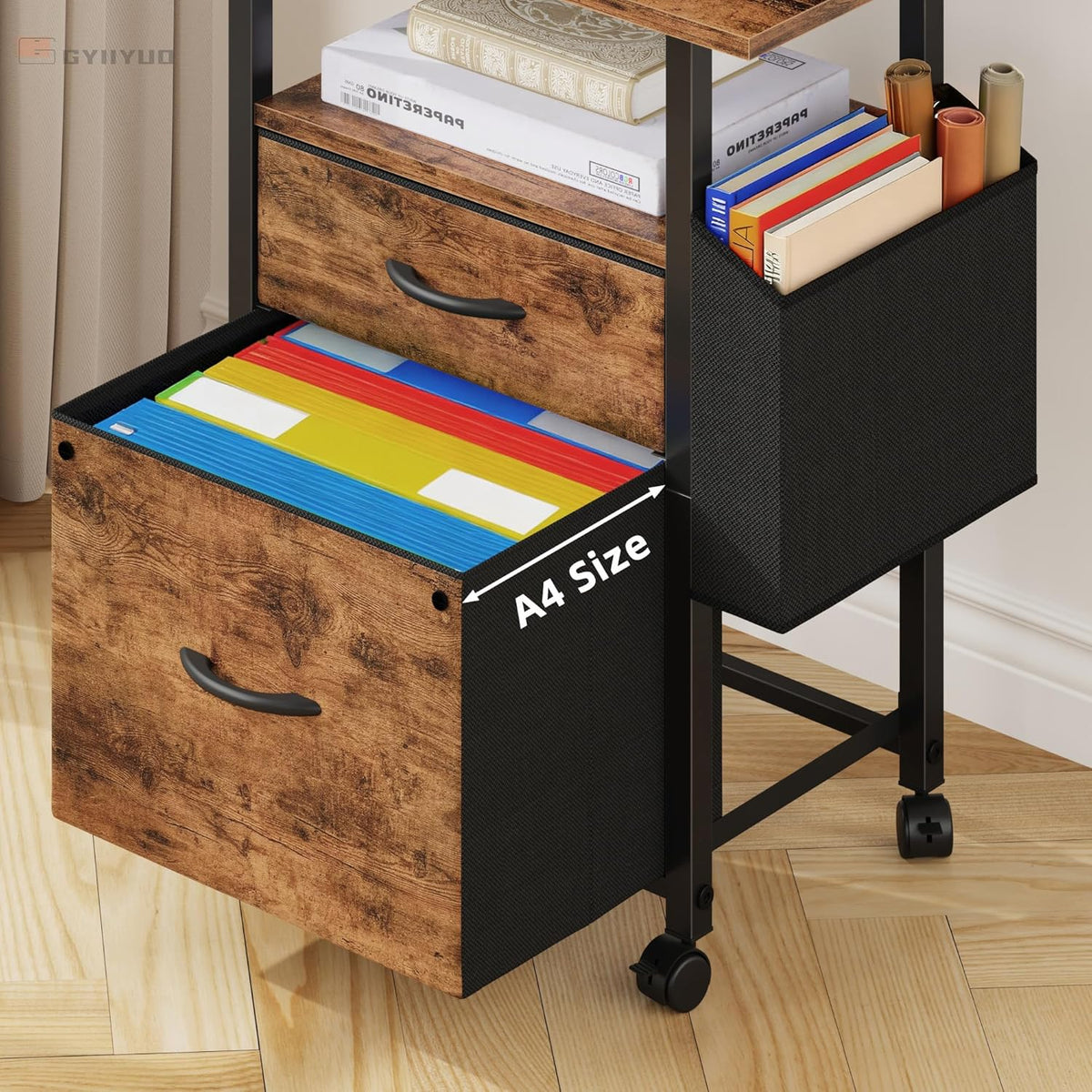 GYIIYUO 2 Drawer File Cabinet with 24'' Extended Desktop, Mobile Filing Cabinet, Rolling File Cabinet with Side Bag, Fabric Drawer, Fits A4/Letter