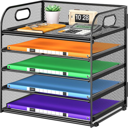 5 Tier Paper Organizer with Handle, Metal Mesh Desk Organizer File Folder Paper Letter Tray Desktop Document Sorter for Classroom, School, Office
