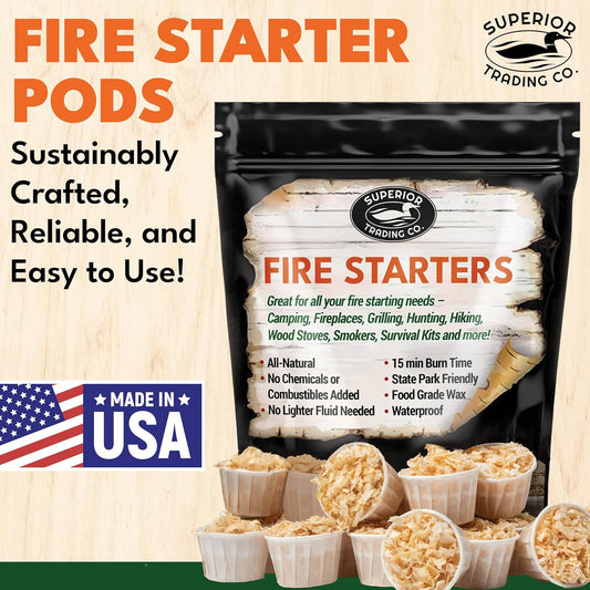 Superior Trading Fire Starter Pods in Resealable Packs - Fire Starters for Campfires, BBQ, Grill, Pit, Wood Stove & Charcoal Starter, 15-20-Min Burn