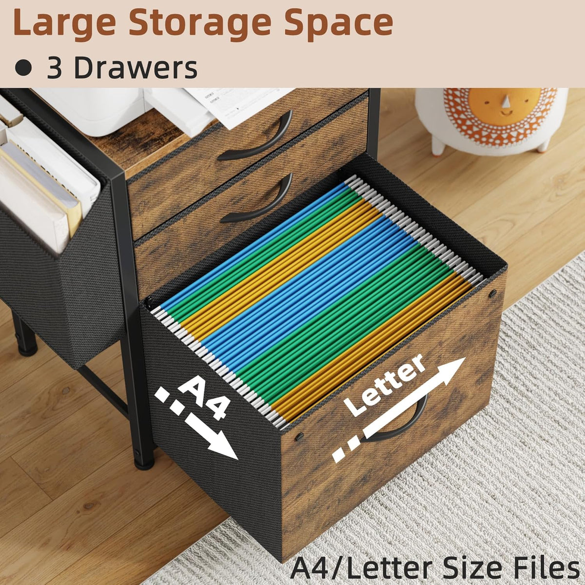 Small 3 Drawer File Cabinet with Charging Station, 45''H, 3-Tier Filing Cabinet for Home Office, 11''*16'' for Small Printer, Fabric Drawer Fits