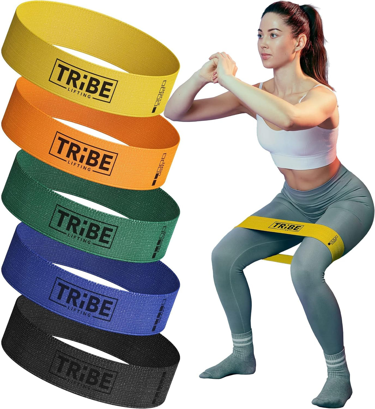 Tribe Lifting Fabric Resistance Bands for Glutes & Legs | 5 Fabric Workout Bands Set | Thick Booty Bands for Squats, Lunges, Hip Training, Physical