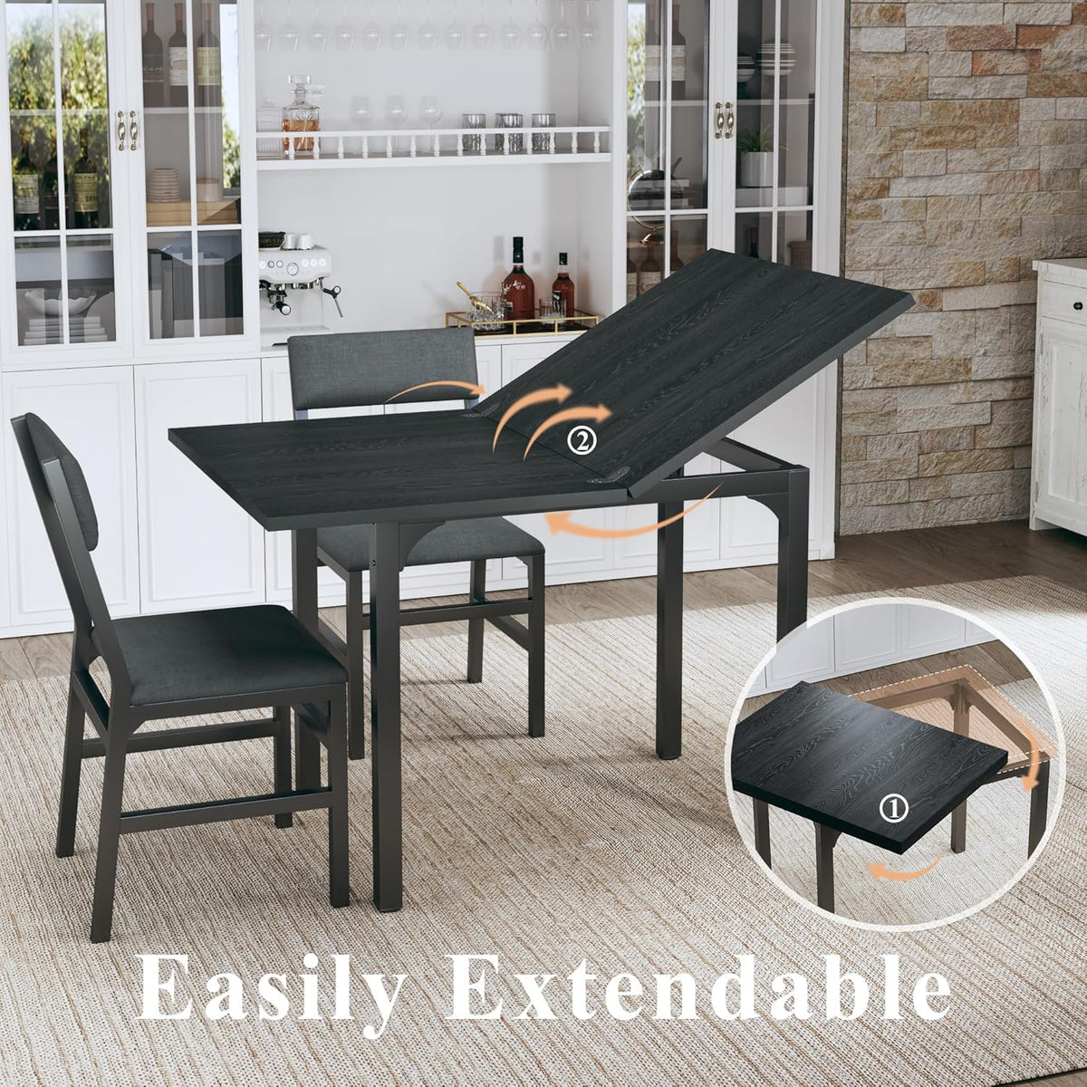 Dining Table Set for 4, Extendable Kitchen Table Cushion Chairs Set of 4, Rectangle Dining Table with Metal Frame & MDF Board, Folding for Small
