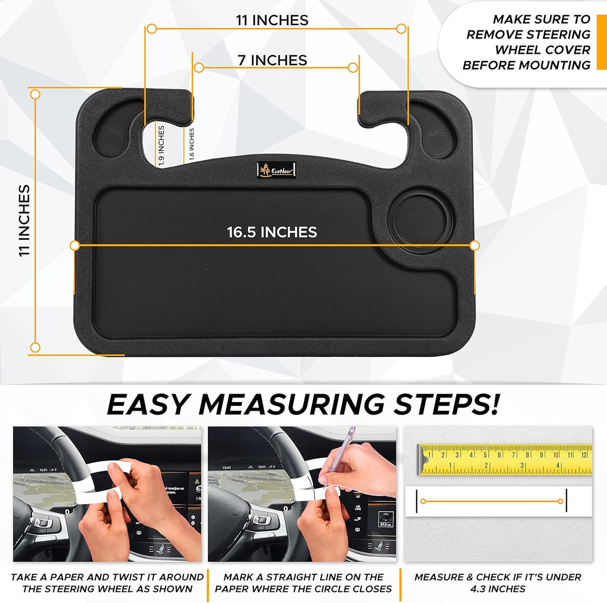 EcoNour 2 in 1 Car Steering Wheel Desk | Tray for Laptop Car Mount with Pen Holder | Desk Console for Car | Food Tray for Eating with Drinks Holder