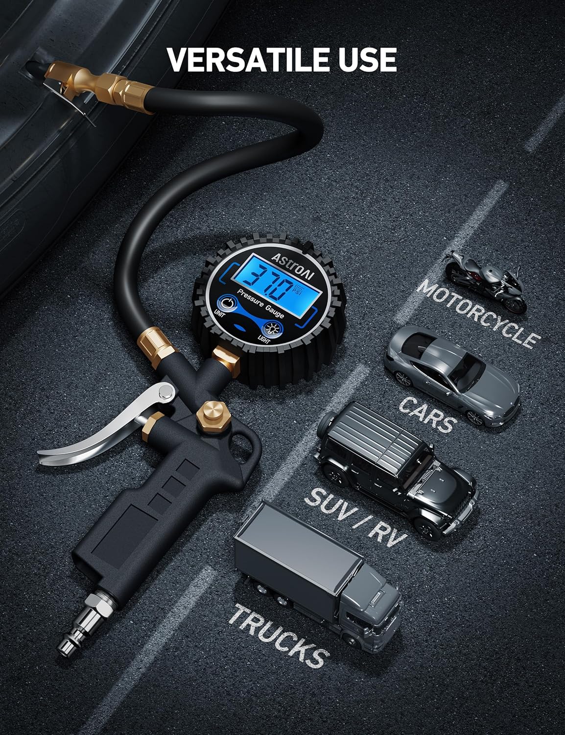 AstroAI Digital Tire Pressure Gauge with Inflator, 3-250 PSI Air Chuck & Compressor Accessories Heavy Duty with Quick Connect Coupler, 0.1 Display