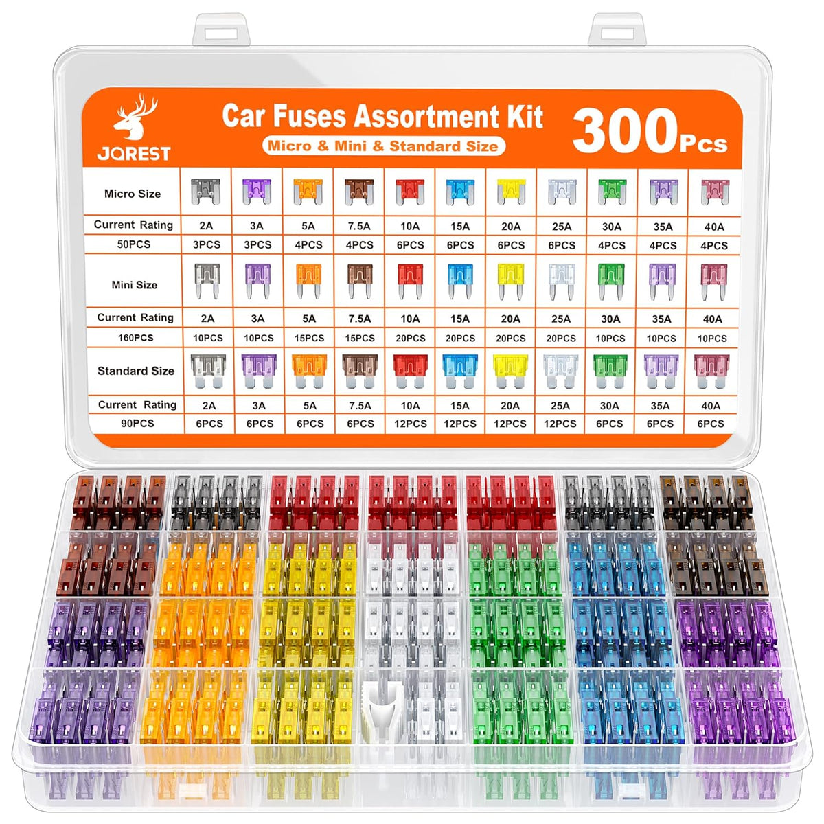 JOREST 300Pcs Car Fuse Assortment Kit, 160 Mini Blade Fuses Automotive + 90 Standard Auto Fuses + 50 Micro + Puller – Replacement for RV Camper Boat