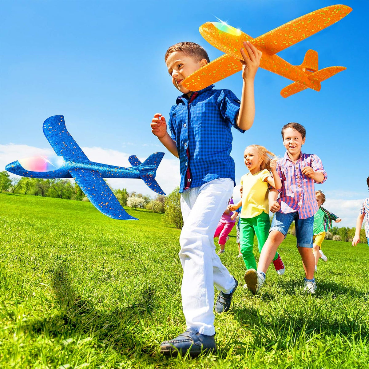 2 Pack LED Light Airplane,17.5" Large Throwing 2 Flight Mode Glider Plane,Flying Toy for Kids,Gifts for 3 4 5 6 7 8 9 Years Old Boy,Outdoor Sport