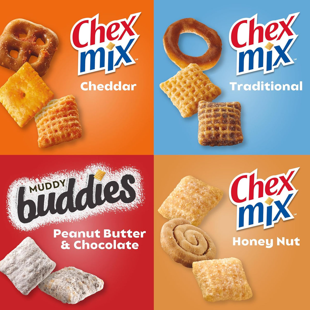 Sweet and Salty Snack Variety Pack, Muddy Buddies Peanut Butter and Chocolate, Chex Mix Traditional, Cheddar, and Honey Nut, 20 Ct, 35 oz