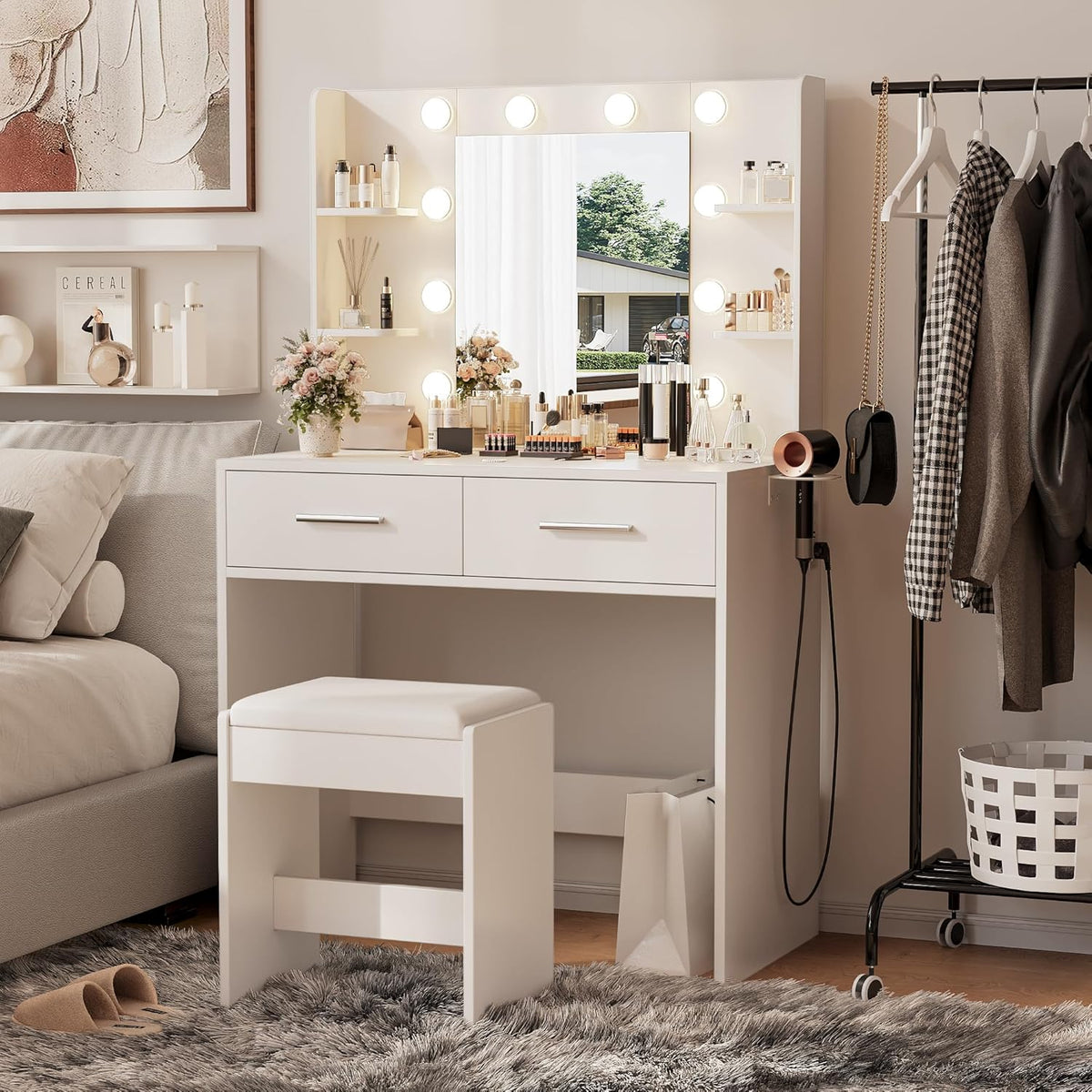 Furmax Make up Vanity Desk with Mirror and Power Outlet, Vanity with 3 Color Light Options Adjustable Brightness,Vanity Desk with 2 Drawers, 6