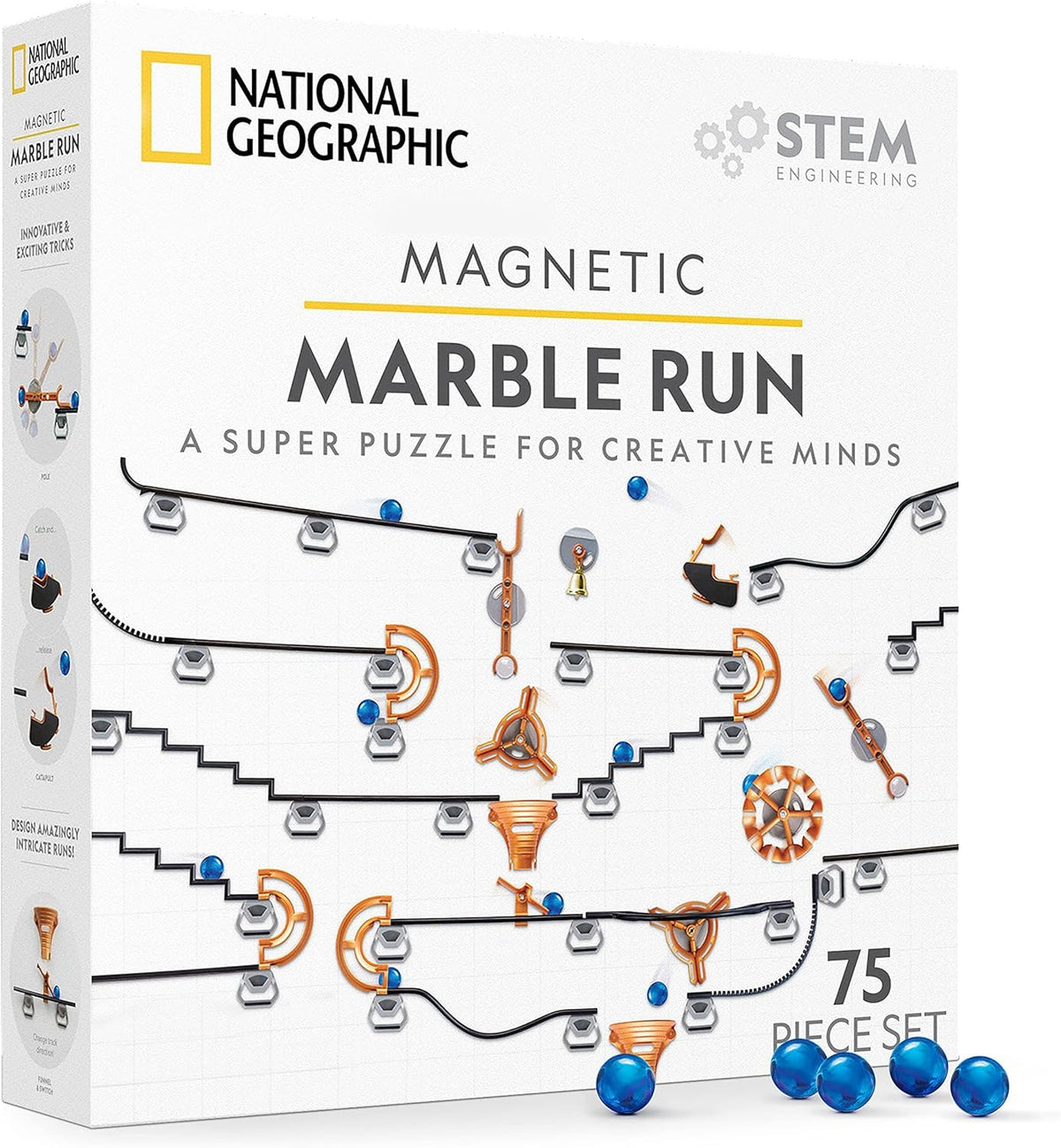 National Geographic Magnetic Marble Run - 75-Piece STEM Building Set for Kids & Adults with Magnetic Track & Trick Pieces & Marbles for Building A