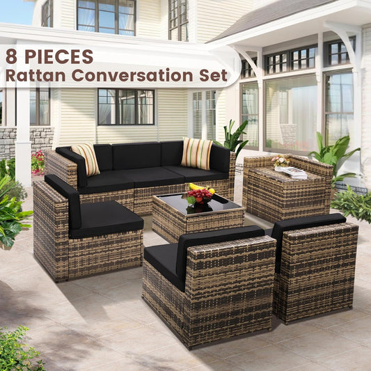 8 Pieces Outdoor Wicker Rattan Patio Furniture Sectional Set, Glass Top Table with Hidden Storage, 7 Sofa Sections, Oversized Cushions, Natural Color