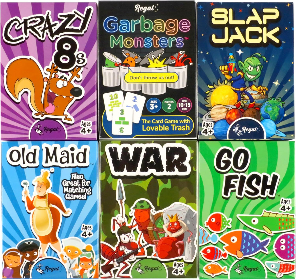 Regal Games Card Games for Kids - Go Fish, Crazy 8's, Old Maid, Slap Jack, Garbage Monster, War - Simple & Fun Classic Family Table Games - Games May