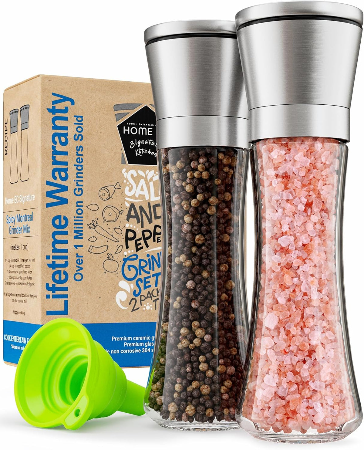 Home EC Premium Stainless Steel Sea Salt and Pepper Grinder Set of 2 - Adjustable Ceramic - Tall Glass Salt and Pepper Shakers - Kitchen Spice Mill