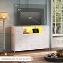 WLIVE White Dresser TV Stand for 45, 50, 55 inch TV, Entertainment Center with LED Lights & Charging Station, Chest of Drawers with 8 Fabric Drawers