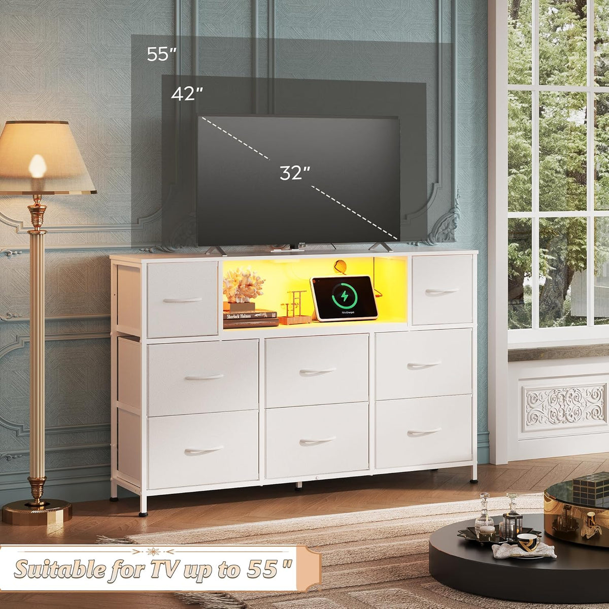 WLIVE White Dresser TV Stand for 45, 50, 55 inch TV, Entertainment Center with LED Lights & Charging Station, Chest of Drawers with 8 Fabric Drawers