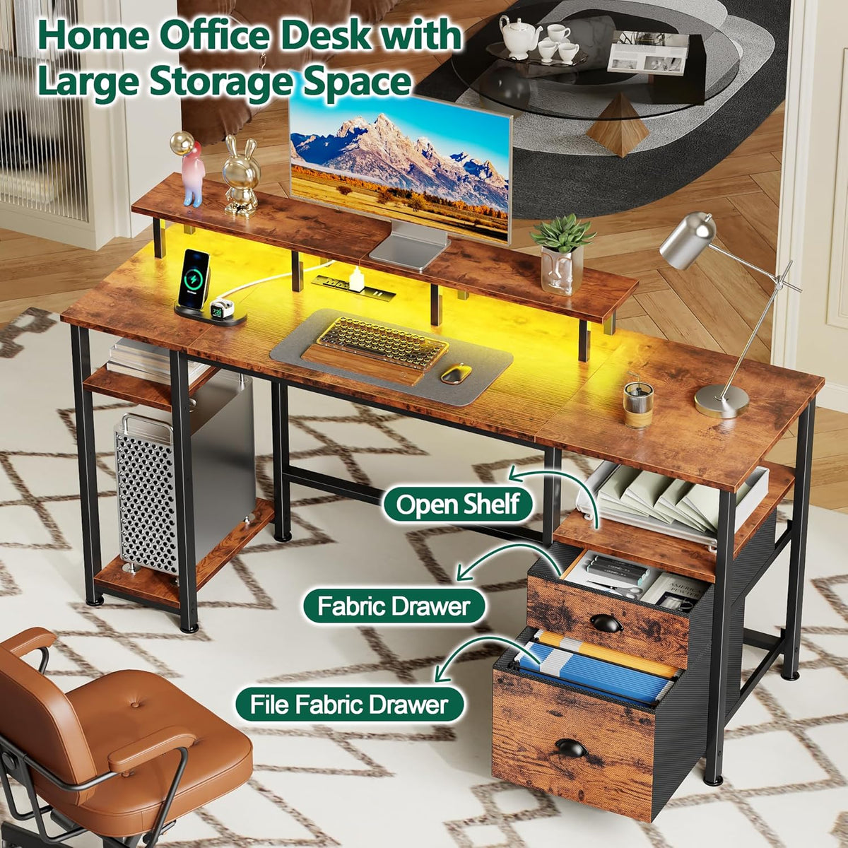 Furologee 61" Computer Desk with Power Outlet & LED Lights, Reversible Gaming Desk with File Cabinet & Monitor Stand for Home Office, Writing Study