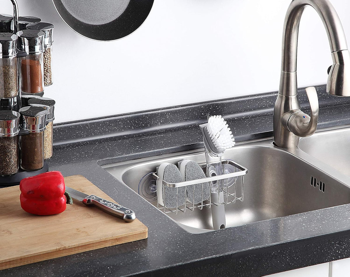 SunnyPoint NeverRust Deluxe Kitchen & Bathroom Sink Sponge Holder Organizer with Adhesive Mount - Additional Suction Cup Included – Sponge & Brush