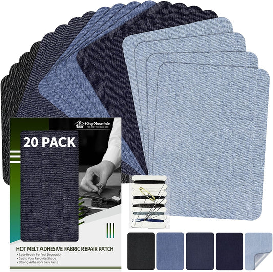 KING MOUNTAIN Iron-on Repair Patch 20 Pcs Pack,Denim Patches for Jeans Kit 3" by 4-1/4", 100% Cotton Denim Iron-on Repair Patch,Jeans and Clothing