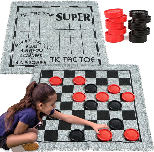 3-in-1 Vintage Giant Checkers, Tic, Tac, Toe, with Reversible Mat, 24 Chips, Family Board Game, Lawn Game, BBQ Party Favor, Indoor and Outdoor