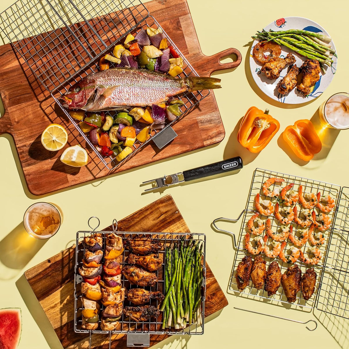 SHIZZO Grill Basket Set, Barbecue BBQ Grilling, Stainless Steel Folding Portable Outdoor Camping Rack for Fish, Shrimp, Vegetables, Cooking